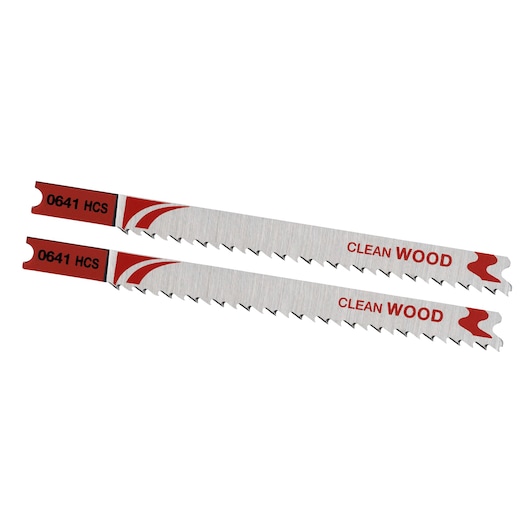 STANLEY STA25542 jigsaw blades for clean wood cutting, silver with red accents, side view, white background.