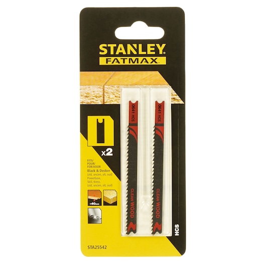 STANLEY FATMAX STA25542 jigsaw blades, wood cutting, 2-pack, in retail packaging, front angle.