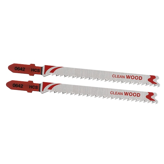 STANLEY STA25552 jigsaw blades for clean wood cuts, silver and red, pack of two, side view, white background.