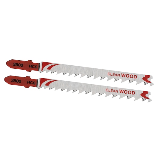 STANLEY STA25562 jigsaw blades, set of 2, silver with red detail, labeled ‘CLEAN WOOD’, flat lay on white background.