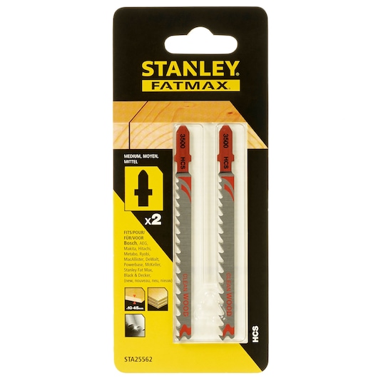 Photo of STANLEY STA25562 jigsaw blades 2-pack for wood, front packaging view.