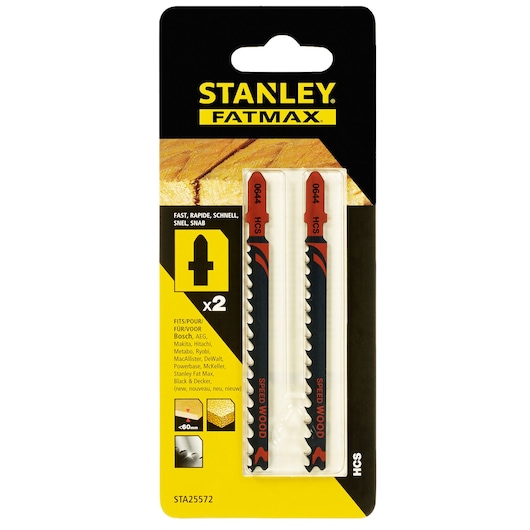 STANLEY STA25572 jigsaw blades two-pack for wood, front view on white background.