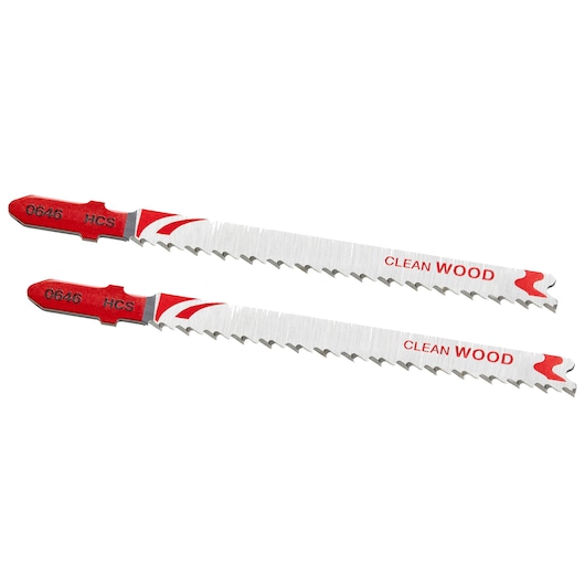 STANLEY STA25592 jigsaw blades for wood, HCS material, red and silver, clean cut type, side view on white.