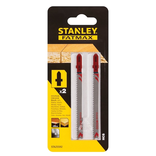 STANLEY STA25592 jigsaw blades pack, FATMAX wood cutting, two blades, front view on white background.