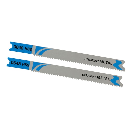 STANLEY STA25752 metal jigsaw blades, pack of two, silver with blue accents, top view on white background.
