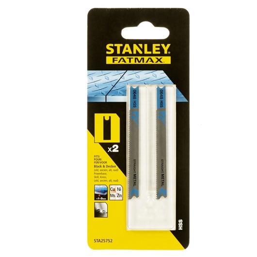 STANLEY FATMAX STA25752 jigsaw blade set, 2 straight metal blades in retail packaging, front angle.