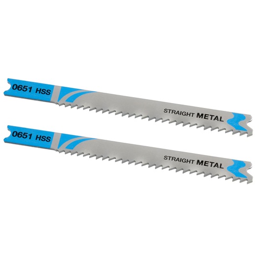 STANLEY STA25762 metal jigsaw blades, straight tooth, silver with blue markings, two pieces, top view.