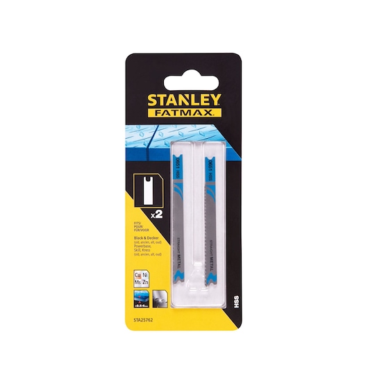 STANLEY STA25762 jigsaw blades pack, two silver blades for metal, front angle on white background.