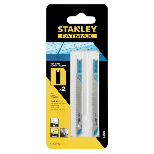 STANLEY STA25772 saw blade set photography, Fatmax HSS blades for metal, two pieces in blister pack, front angle.