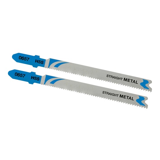 STANLEY STA25782 metal saw blades, straight design, HSS, pack of two, top view on white background.