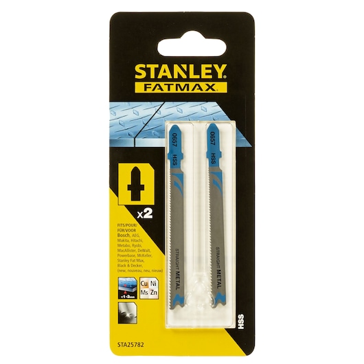 STANLEY STA25782 jigsaw blades pack, two straight metal cutting HSS blades, front angle on white background.