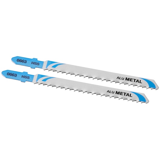STANLEY STA25802 metal jigsaw blades, silver with blue accents, side angle on white background.