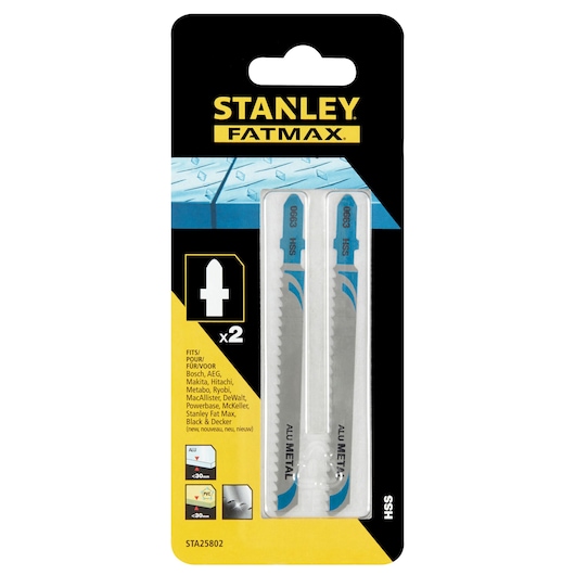 STANLEY FATMAX STA25802 jigsaw blades, 2-pack, silver metal blades in plastic packaging, front angle.