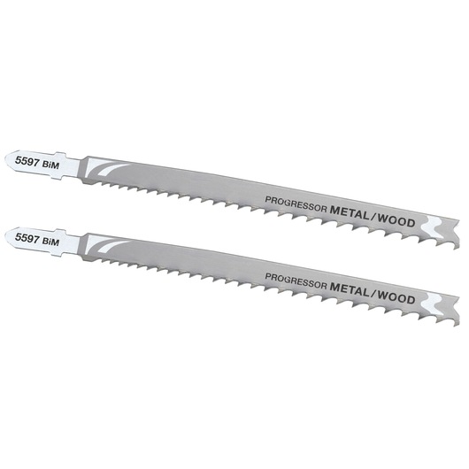 STANLEY STA26042 two silver bi-metal jigsaw blades for metal and wood, side angle on white background.