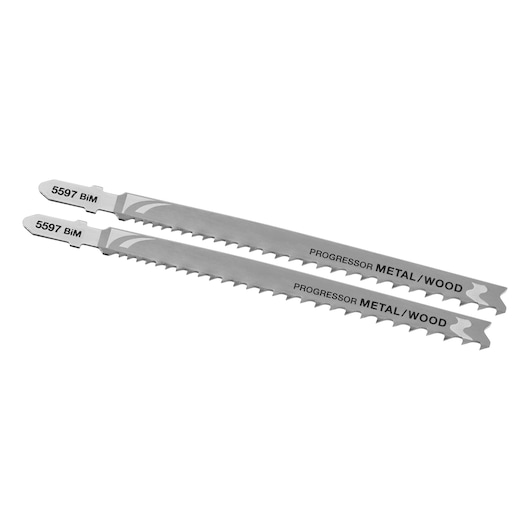 STANLEY STA26052 metal and wood jigsaw blades, silver, two pieces, top view on white background.