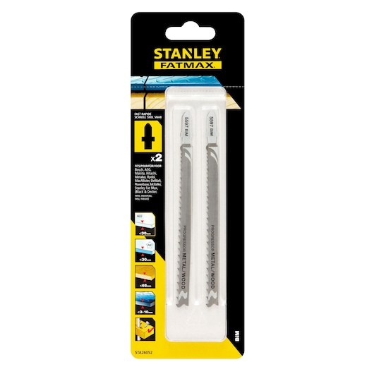STANLEY FATMAX STA26052 jigsaw blades, pack of 2, metal and wood, product photo, front angle.