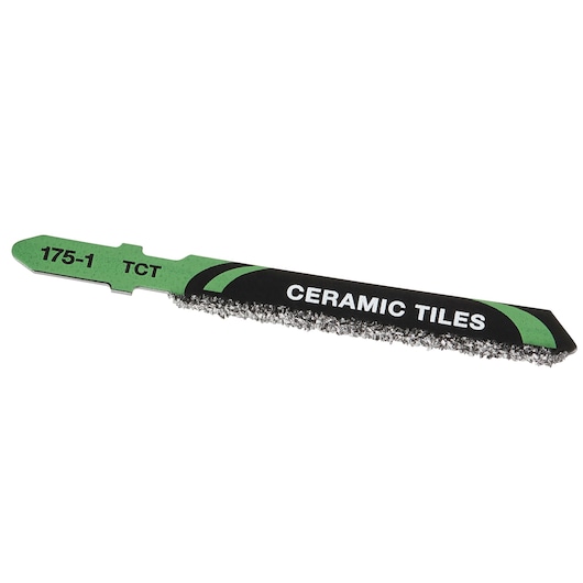 STANLEY STA26061 TCT ceramic tile jigsaw blade, green and black, product side angle photo.