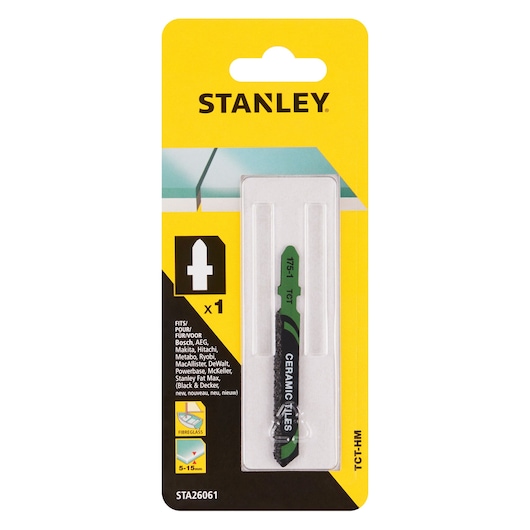 STANLEY STA26061 ceramic tile jigsaw blade, green and black, in retail packaging, front angle.