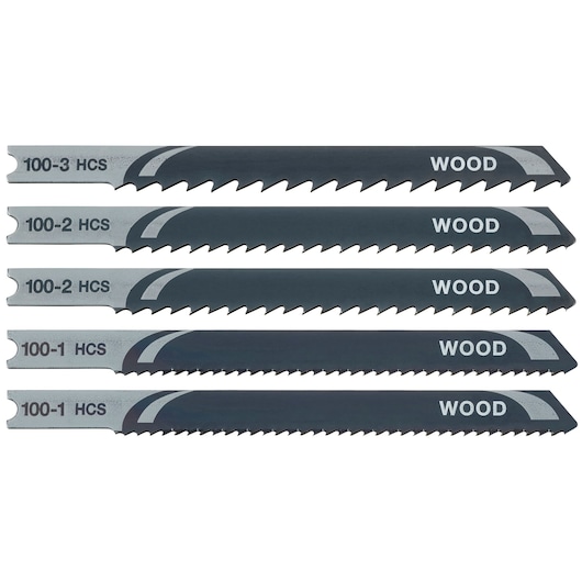 STANLEY STA27035 jigsaw wood cutting blades set, five black blades with varied tooth patterns, side angle on white.