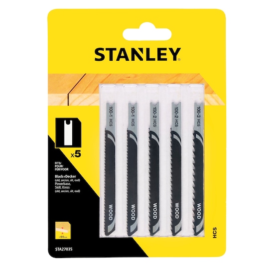 Photo of STANLEY STA27035 wood jigsaw blades pack, 5 black blades in clear plastic casing, front view.