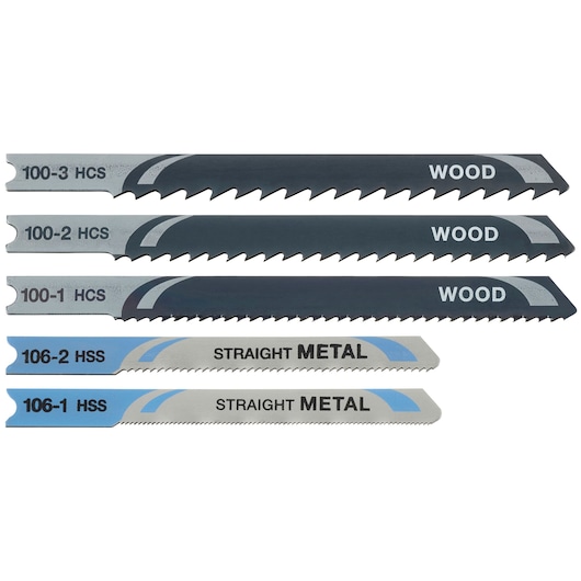 STANLEY STA27040 jigsaw blades set for wood and metal, five blades in varying sizes, flat lay on white background.