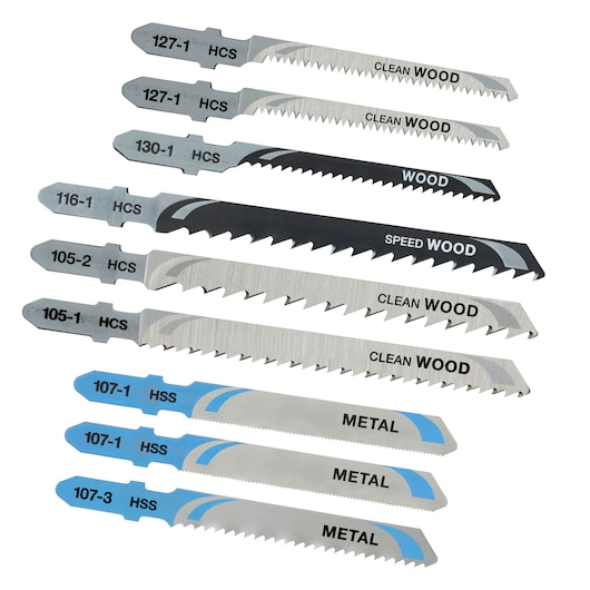 STANLEY STA28050 jigsaw blades set, various types for wood and metal, side angle photo on white background.