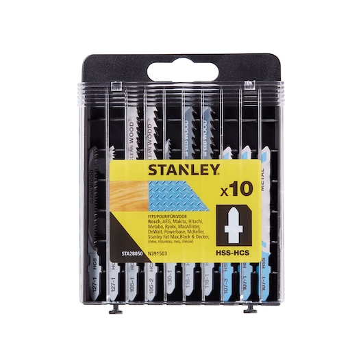 STANLEY STA28050 jigsaw blade set, pack of 10 HSS-HCS blades in clear plastic case, front angle on white background.
