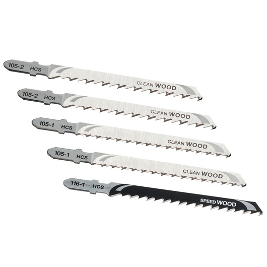 STANLEY STA28095 jigsaw blade set for wood, five blades, top angle, clean and speed cut.