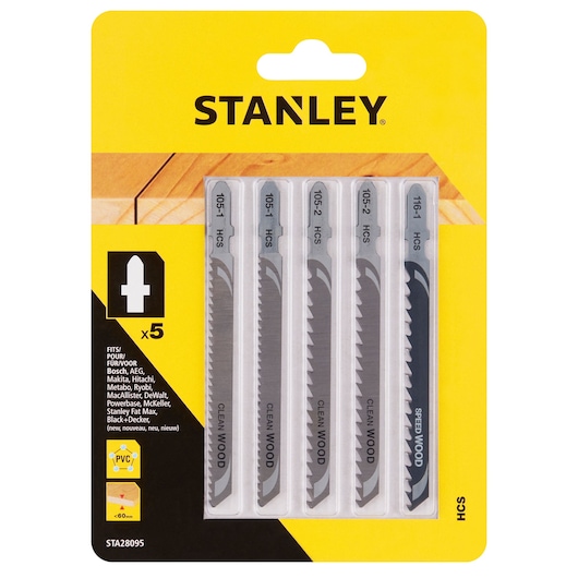STANLEY STA28095 jigsaw blade set, pack of 5, photographed from the front on a white background.
