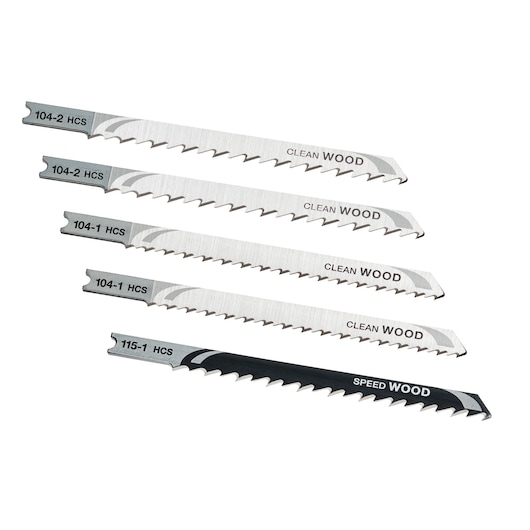 STANLEY STA28105 jigsaw blade set, five metal and black blades for wood cutting, front angle on white background.