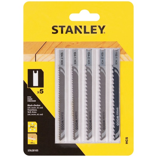 STANLEY STA28105 jigsaw blades set of 5, photographed in packaging, front angle, for wood cutting.