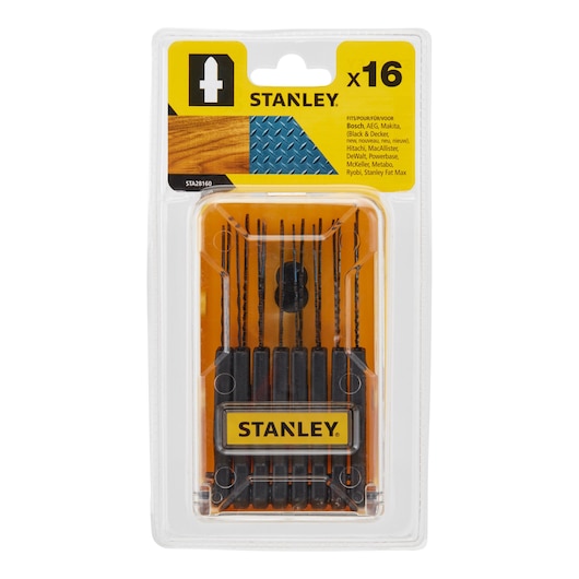 STANLEY STA28160 drill bit set, 16-piece, plastic packaging, front angle, yellow and black branding.