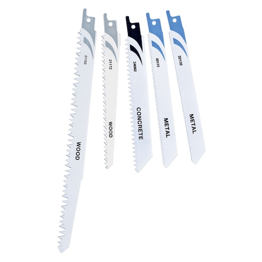 STANLEY STA28205 reciprocating saw blade set for wood, metal, and concrete, 5-piece, front view on white.