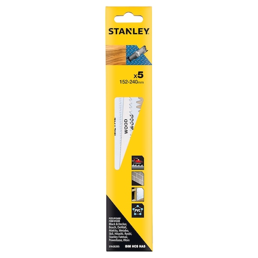 STANLEY STA28205 saw blade set for wood, metal, and PVC, yellow packaging, front view.