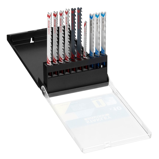 STANLEY STA29230 jigsaw blade set in a black plastic case, photo showing multiple blades for wood and metal.