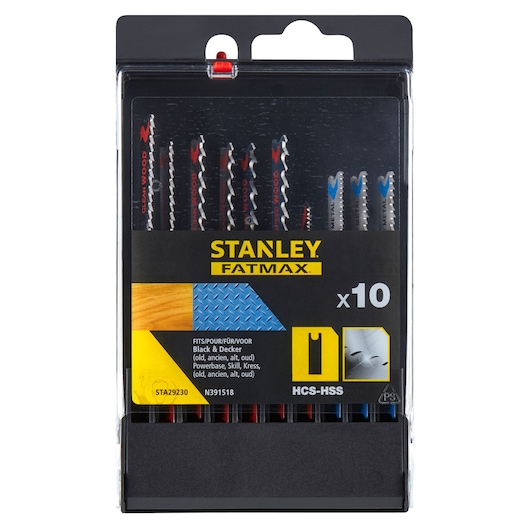 STANLEY STA29230 jigsaw blade set, FATMAX series, 10-pack, photography of front packaging, white background.