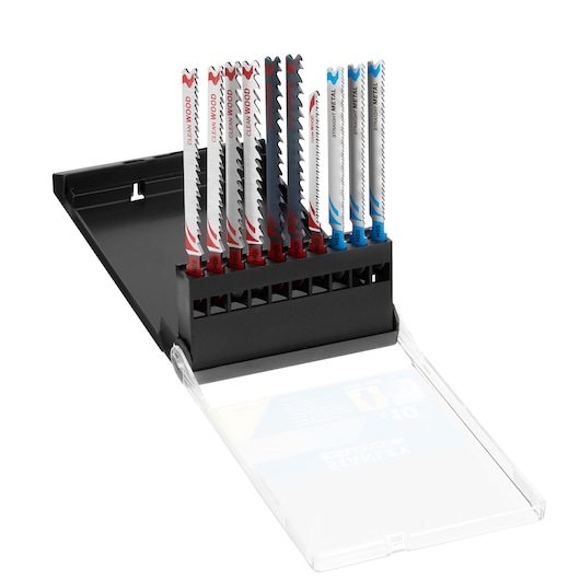 STANLEY STA29240 jigsaw blade set with ten assorted blades in a black plastic case, angled view.