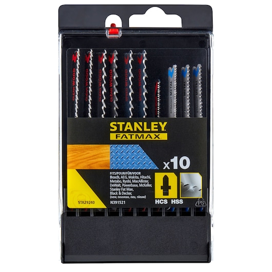 STANLEY STA29240 jigsaw blade set, 10-piece assortment for wood and metal, clear packaging, front view.