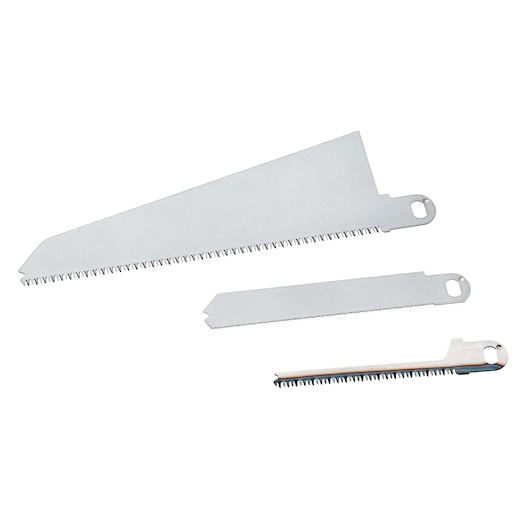 STANLEY STA29991 saw blade set, three silver blades, product photography, top view on white background.