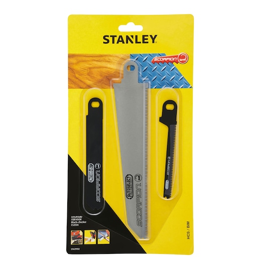 STANLEY STA29992 replacement saw blades set, three assorted Scorpion blades, for wood and metal, in retail packaging, front view.
