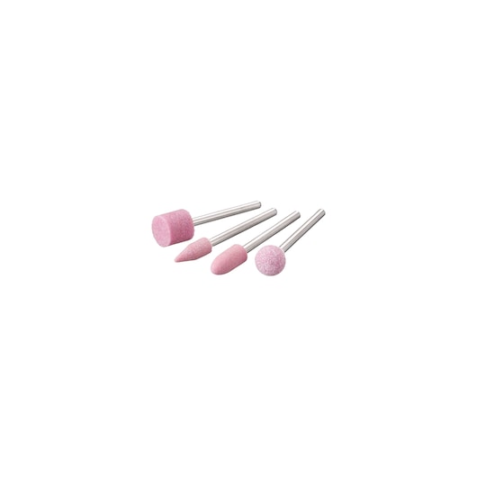STANLEY STA30005 rotary tool grinding stones set, four pink abrasive heads with metal shafts, front angle, white background.