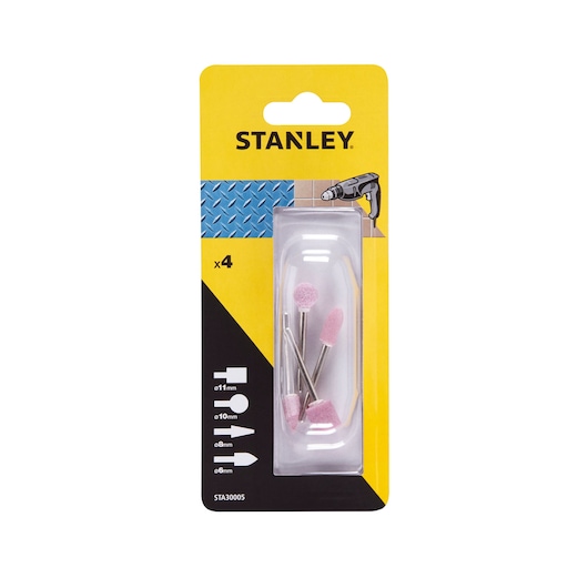 STANLEY STA30005 drill grinding stone set, four pink stones in retail packaging, front angle on white background.