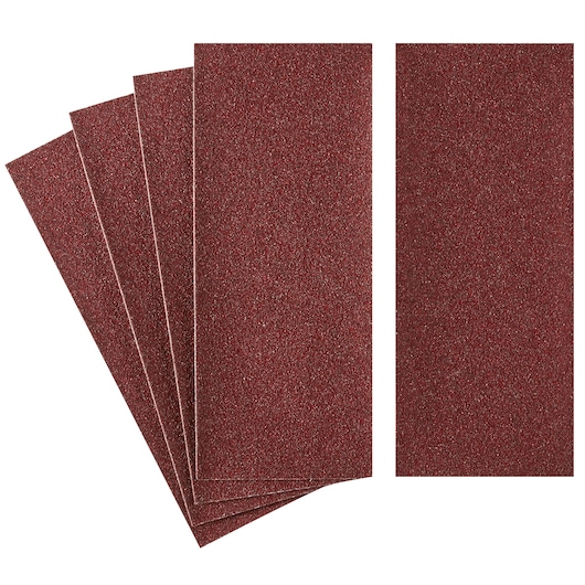 STANLEY STA31001 sandpaper sheets, set of six, rectangular, reddish-brown abrasive surface, top view, photography product.