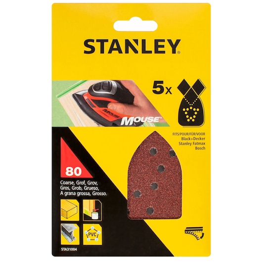 STANLEY STA31004 coarse 80 grit sanding sheets for mouse sanders, pack of 5, shown in retail packaging front view.