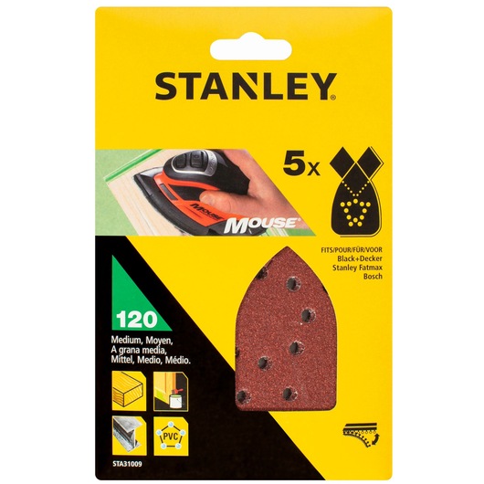 Stanley STA31009 medium grit mouse sander sheets, 120 grade, pack of 5, front packaging photo.