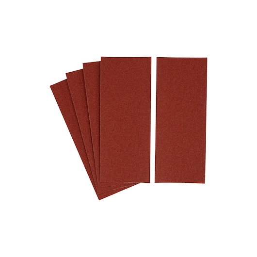 STANLEY STA31011 pack of five rectangular brown sandpaper sheets, top-down view, photography on white background.