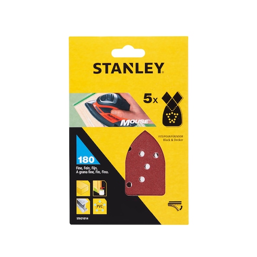 STANLEY STA31014 fine 180 grit mouse sander sheets pack, product photography, front angle.