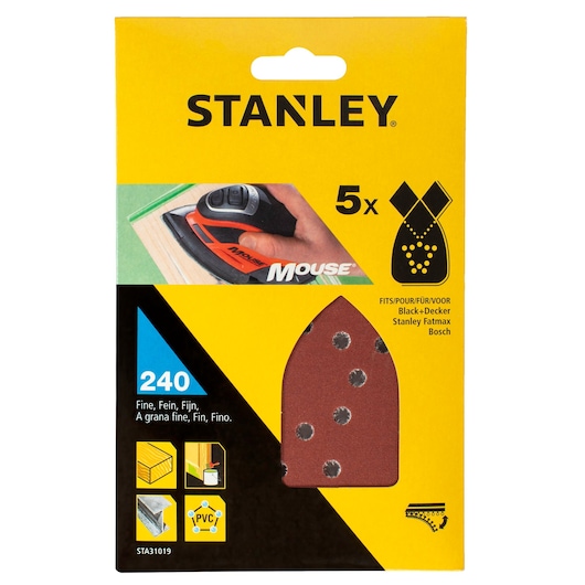 STANLEY STA31019 fine 240-grit sanding sheets pack for mouse sanders, front packaging view.