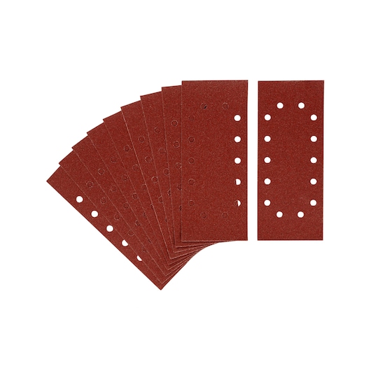 STANLEY STA31020 rectangular red sanding sheets with multiple holes, top view on white background.