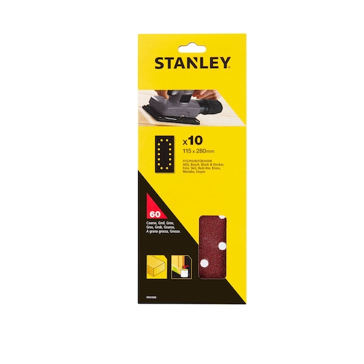 STANLEY STA31020 coarse sandpaper pack, 10 sheets, 115x280mm, red, front angle on white background.